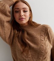 Sunshine Soul Camel Cable Knit Balloon Sleeve Jumper
